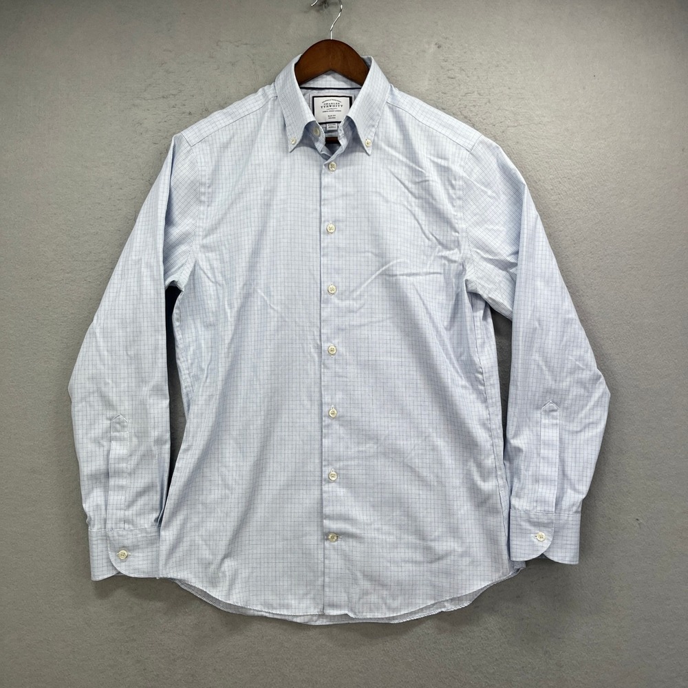 Charles Tyrwhitt Button Down Shirt Mens 15.5 Blue Check Slim Fit Non-Iron Oxford
